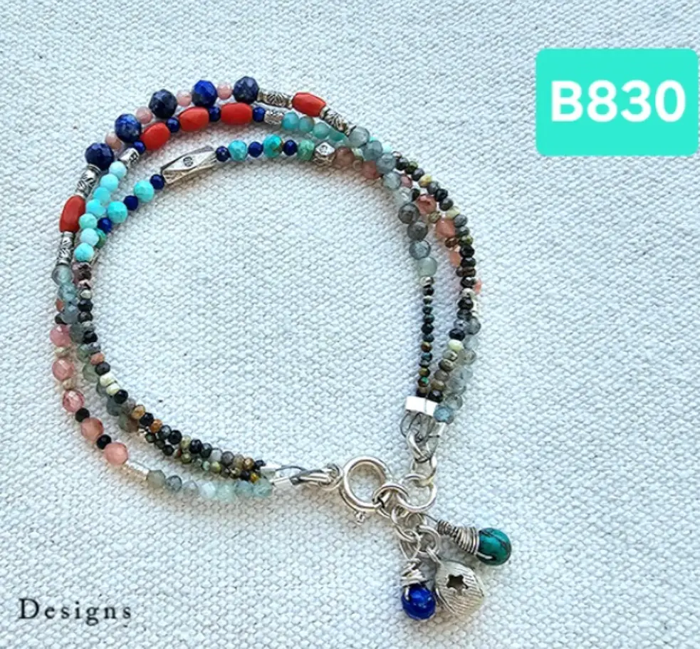 (B830) urquoise,  Amazonite,  Coral, Lapis Lazuli, Jasper, Aquamarine & Rhodochrosite, 3 layers bracelet