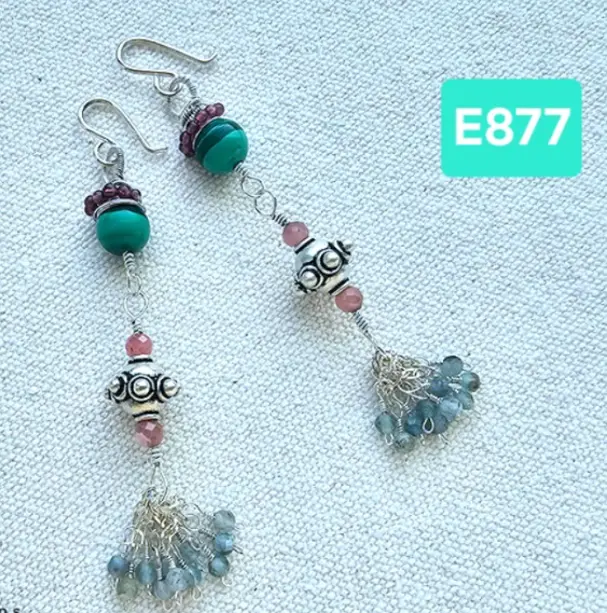 (E877) Malachite, Garnet, Aquamarine & Rhodochrosite earrings