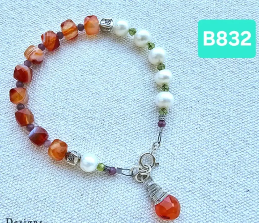 (B832) Orange Agate, Pearl, Peridot & Pink Sapphire.