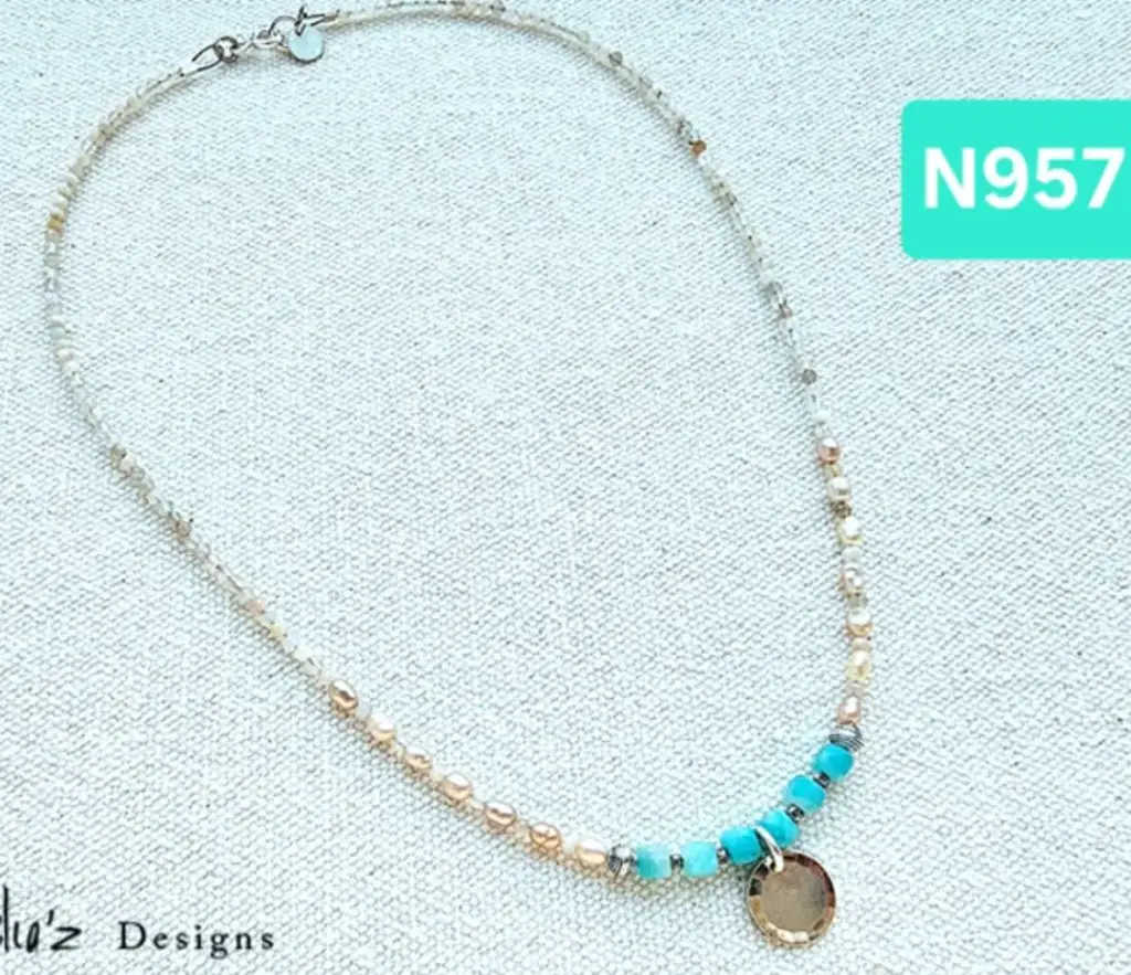 (N957) Amazonite, Rose Pearl & Peach Moonstone necklace