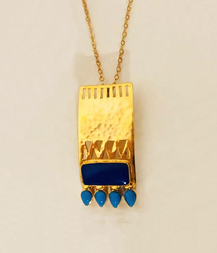 Nubian Silver Gold Plated Necklace with Lapis Farouz Stone