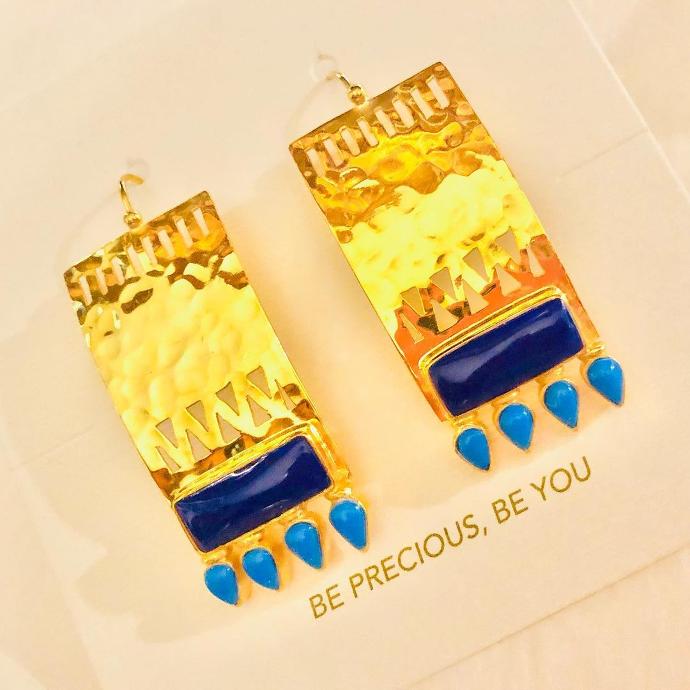 Nubian Silver Gold Plated Earrings with Lapis Farouz Stone