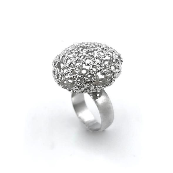 Dentellier Collection Handmade Sterling Silver Platinum Plated Dentelle Work Ring with Sphere