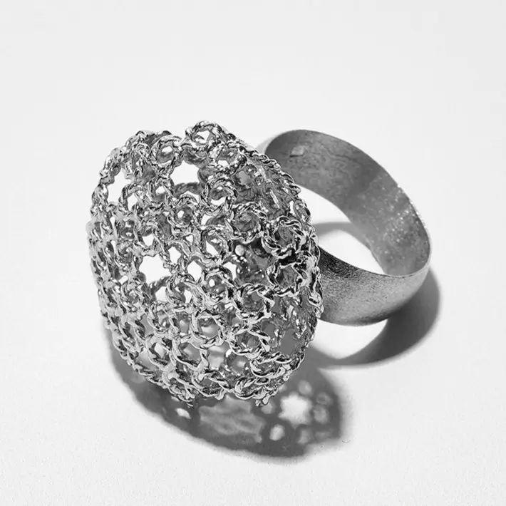 Dentellier Collection Handmade Sterling Silver Platinum Plated Dentelle Work Ring with Sphere