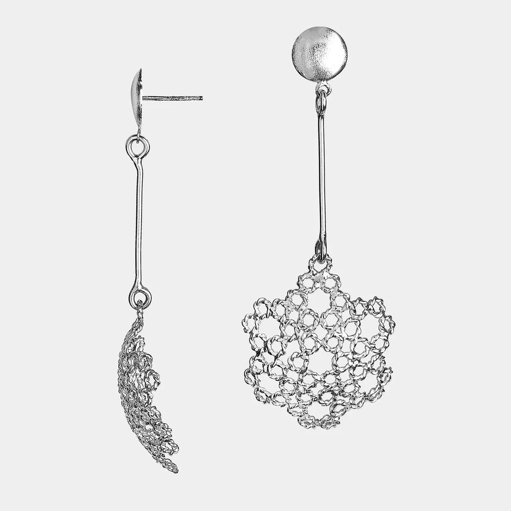 Dentellier Collection Handmade Sterling Silver Platimum Plated with Stud On Small Plain Half Sphere & Medium Half Sphere Dentelle Work