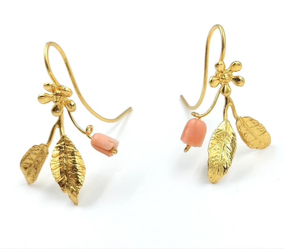 Flowery Collection  Sterling Silver Gold Plated Leaf & Flower Earrings with Rose Coral Flowers