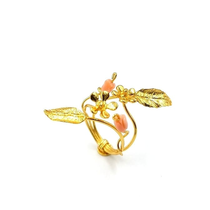 Flowery Collection  Sterling Silver Gold Plated Leaf & Flower Ring with Rose Coral Flowers