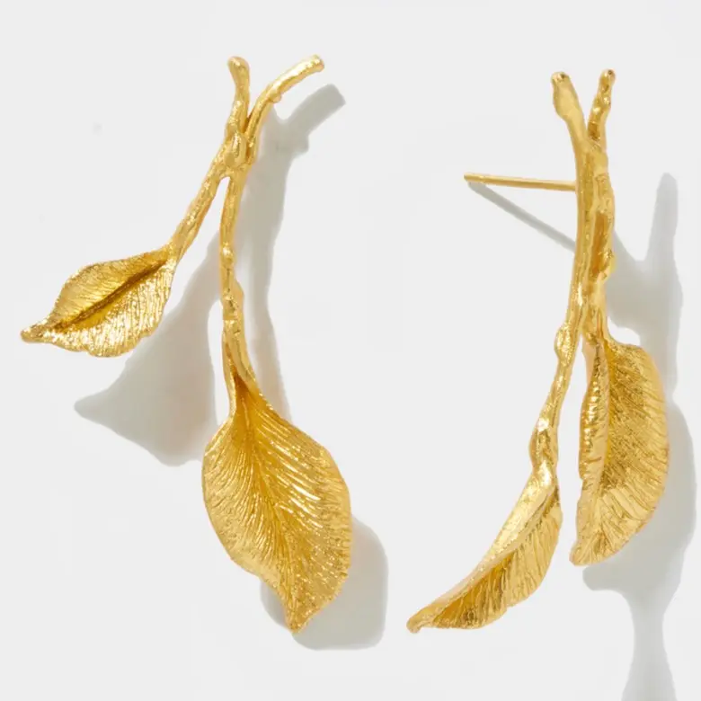 La Fleur Collection Handmade Sterling Silver Gold Plated Engraved Leaf Earrings