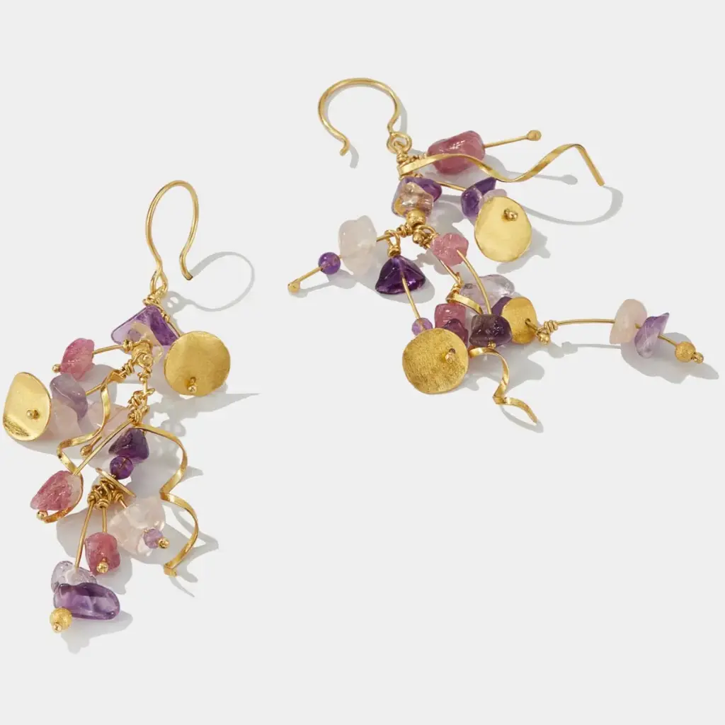 La Joie Collection Handmade Sterling Silver Gold Plated Joie Amethyst Rubby & Rose Quartz Long Earrings