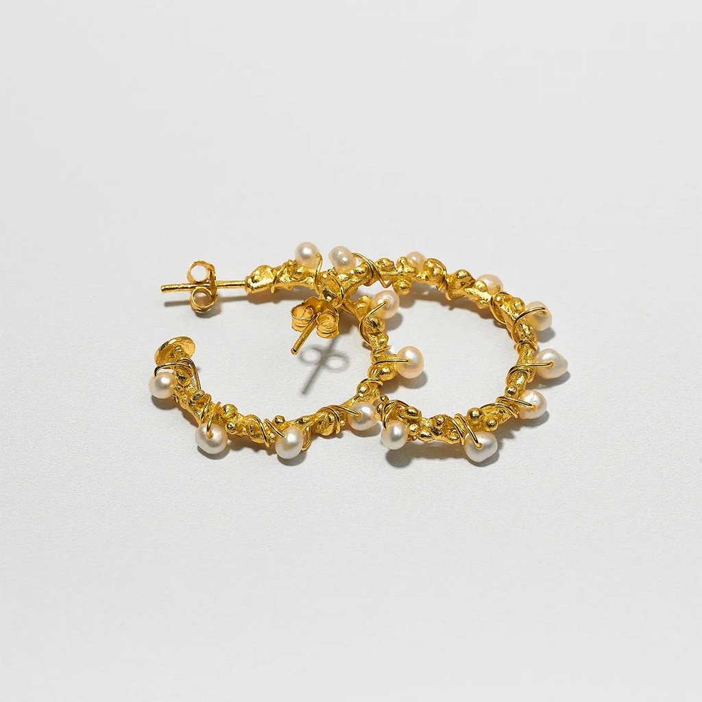 Organic Collection Handmade Sterling Silver Gold Plated Beads with White Pearls Earrings