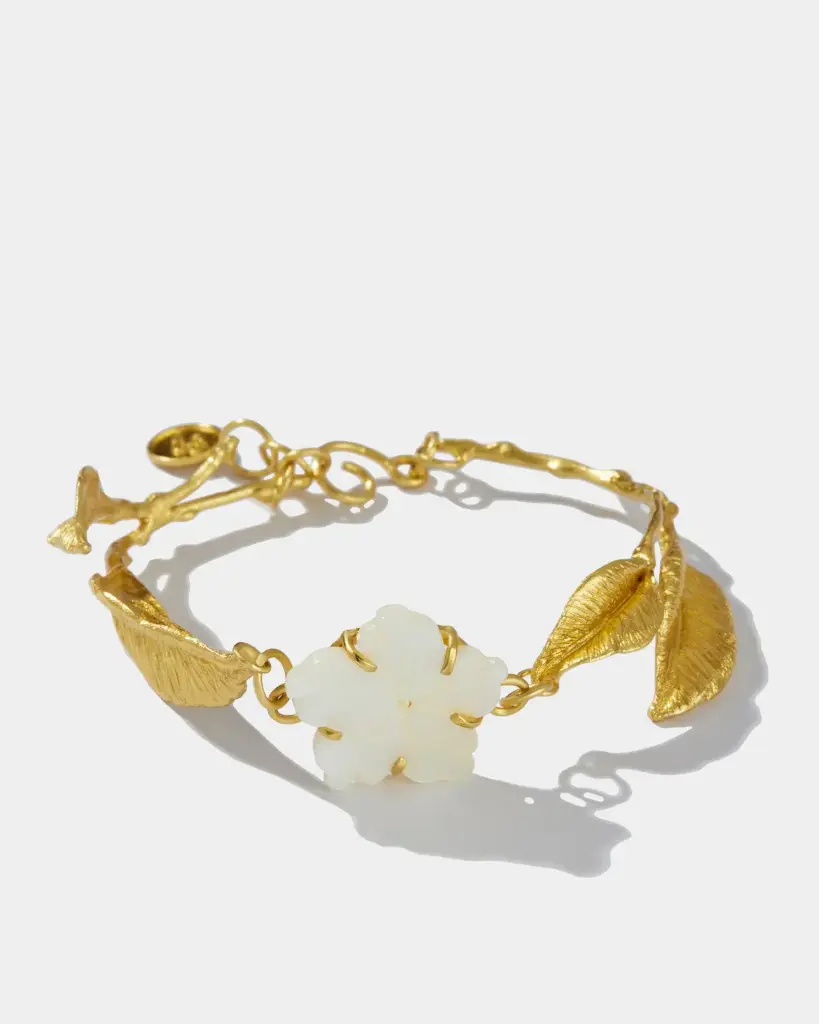 La Fleur Collection Handmade Sterling Silver Gold Plated Mother Of Pearls Flowers & Silver Leaves  Bracelet