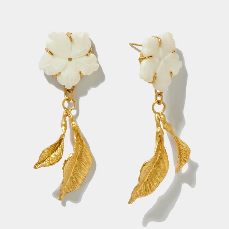 La Fleur Collection Handmade Sterling Silver Gold Plated Mother Of Pearls Flowers & Silver Leaves  Earrings