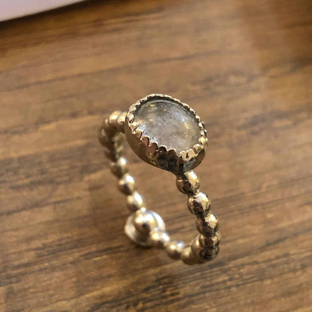 Just Rings Collection Handmade Sterling Silver & Pure Silver Karat 1k Platinum Plated Balls Ring with Blue Gray Tourmaline Oval stone