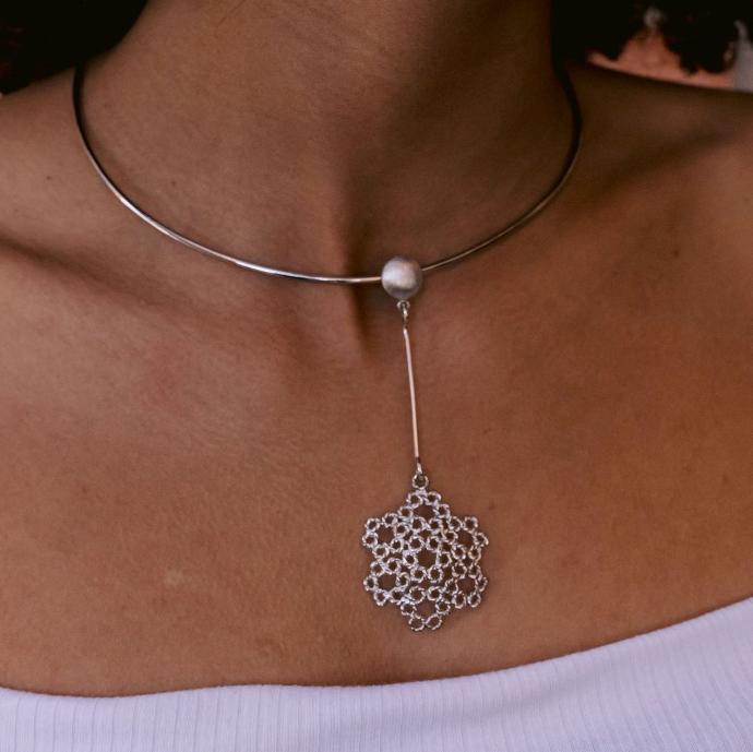 Dentellier Collection, Handmade, Sterling Silver, PLatinum Plated Half Sphere Necklace