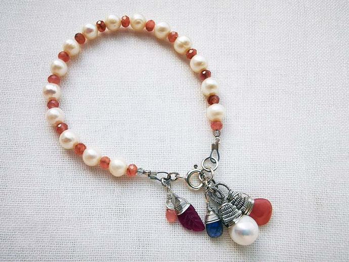 Pearl, Rhodochrosite, Labradorite & Ruby Bracelet