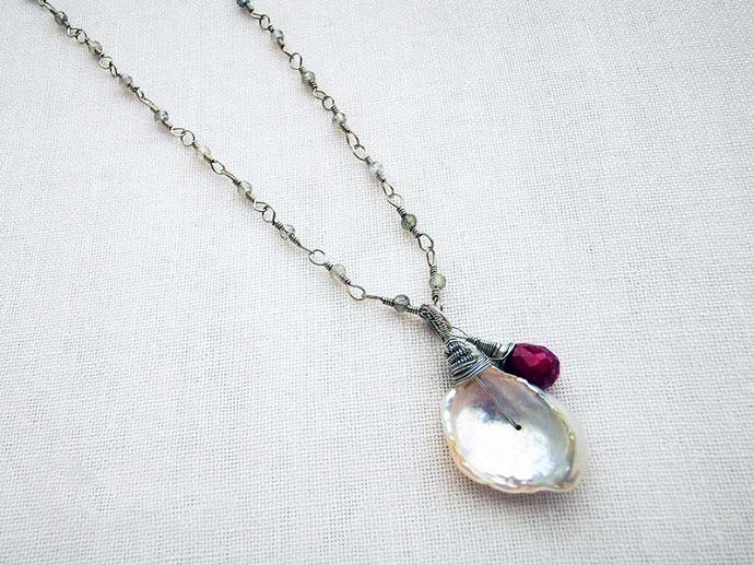 Pearl, Ruby & Labradorite Necklace
