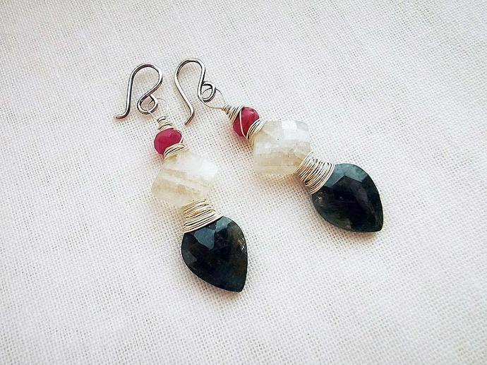 Moss Aquamarine, Moonstone & Pink Sapphire Earrings