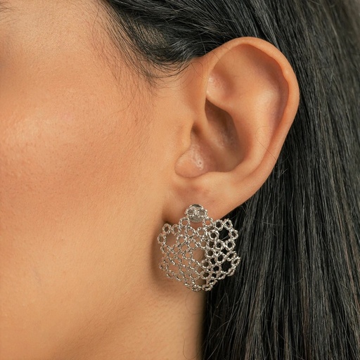 [SZA01010] Dentellier Collection Handmade Sterling Silver Platimum Plated Half Dome Stud Earrings Dentelle Work