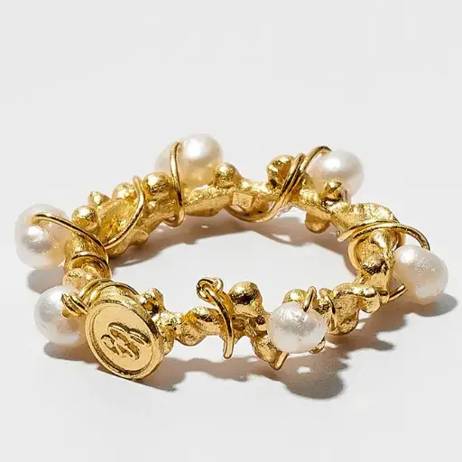 [SZR241] Essential Collection Handmade Sterling Silver Gold Plated Beads with White Pearls Ring