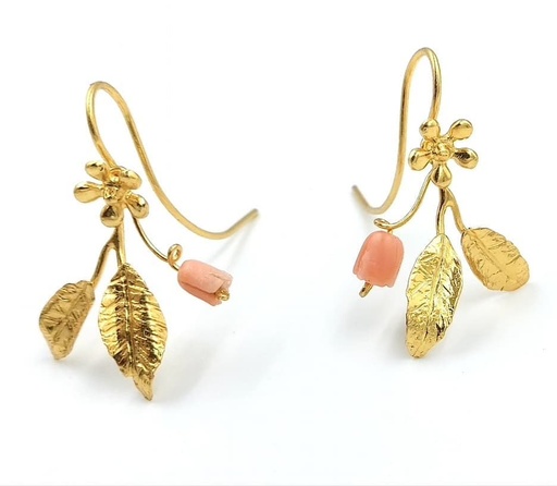 [SZA01001] Flowery Collection  Sterling Silver Gold Plated Leaf & Flower Earrings with Rose Coral Flowers