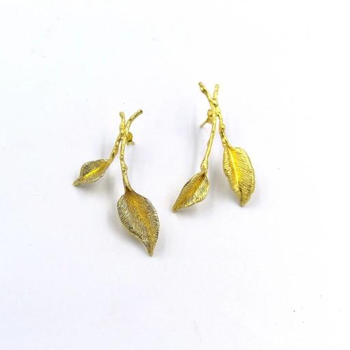 [SZA01002] La Fleur Collection Handmade Sterling Silver Gold Plated Engraved Leaf Earrings