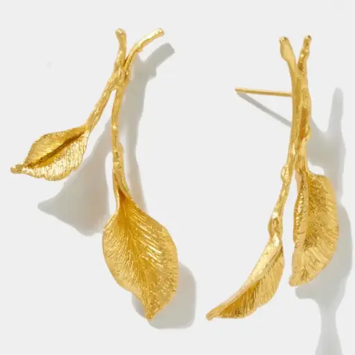 [SZE300] La Fleur Collection Handmade Sterling Silver Gold Plated Engraved Leaf Earrings