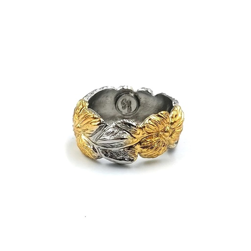 [SZR346] La Fleur Collection Handmade Sterling Silver Platinum & Gold Plated Ring with Engraved Flowers & Leaves
