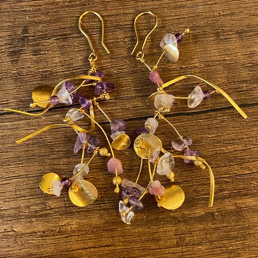 [SZA01006] La Joie Collection Handmade Sterling Silver Gold Plated Joie Amethyst Rubby & Rose Quartz Long Earrings