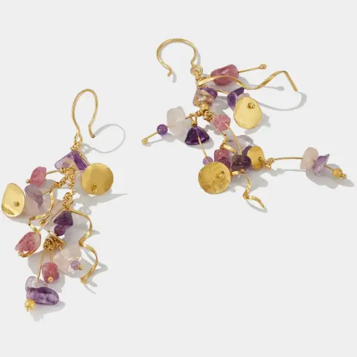 [SZE303] La Joie Collection Handmade Sterling Silver Gold Plated Joie Amethyst Rubby & Rose Quartz Long Earrings