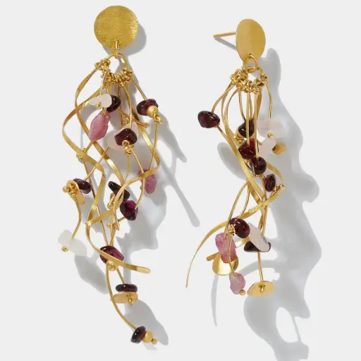 [SZE298] La Joie Collection Sterling Silver Garnet & Rose Quartz Long Earrings