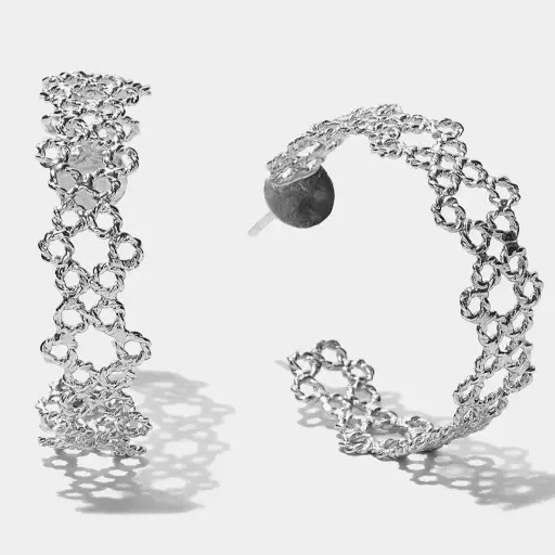 [SZA01026] Dentellier Collection Handmade Sterling Silver Hoop Dentelle Work Earrings