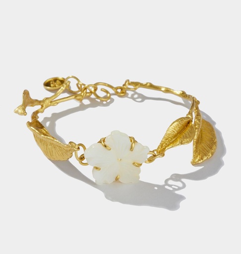 [SZA01027] La Fleur Collection Handmade Sterling Silver Gold Plated Mother Of Pearls Flowers & Silver Leaves  Bracelet