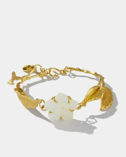 [SZB227] La Fleur Collection Handmade Sterling Silver Gold Plated Mother Of Pearls Flowers & Silver Leaves  Bracelet