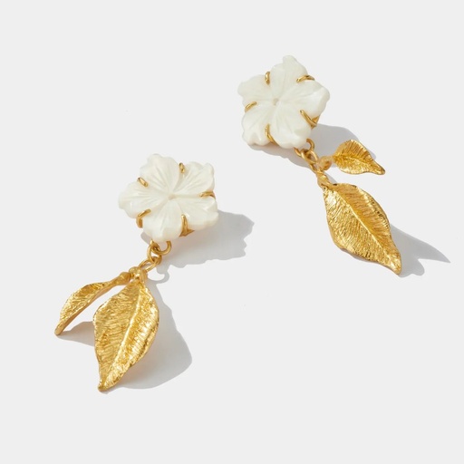 [SZA01031] La Fleur Collection Handmade Sterling Silver Gold Plated Mother Of Pearls Flowers & Silver Leaves  Earrings