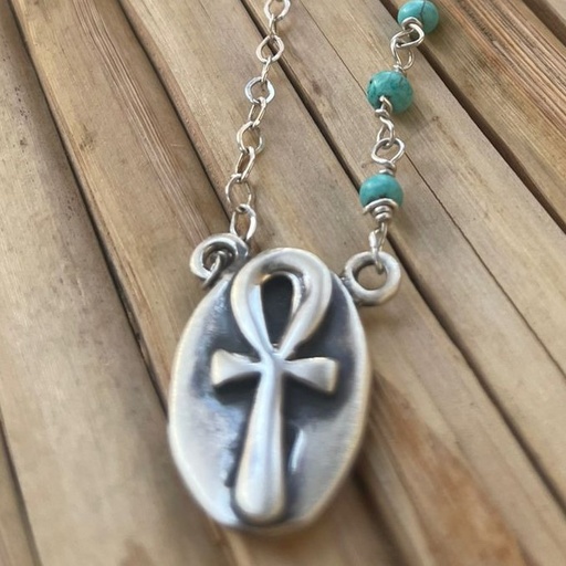 [HEN01037] Ankh Necklace With Turquoise Stone