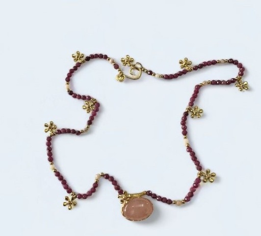 [SZA01128] La Fleur Collection, Handmade, Sterling Silver, Gold Plated, Rose quatrz & Ruby Necklace