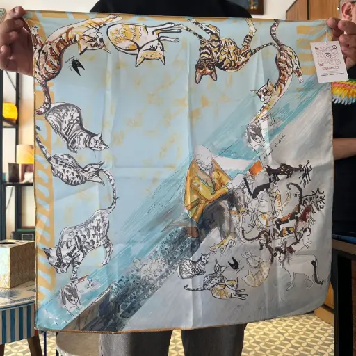[SOA06065] Stray Cat Scarf Square (Satin-Silk)-(BLUE)-(56x56cm)