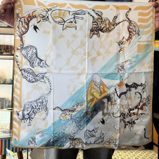 [SOA06067] Stray Cat Scarf Square (Satin-Silk)-(BLUE)-(85x85cm)