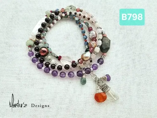 [MDE01472] (B798)  long wrap up bracelet with a mix of Gemstones, Aquamarine,  Garnet, Green Onyx, Rhodochrosite,  Pearl, Blue Kyanite & more
