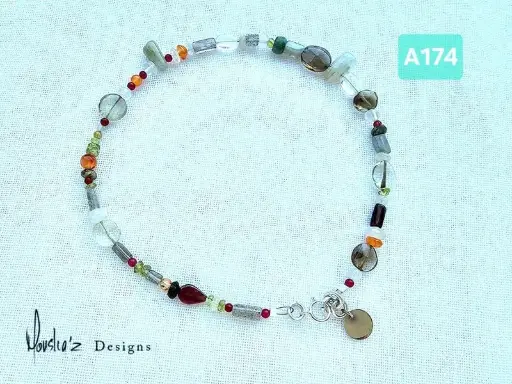 [MDE01555] (A174) Mixed Gemstones Anklet. Clear Quartz, Peridot, Red agate, Garnet, Labradorite, Moonstone, Green Aventurine