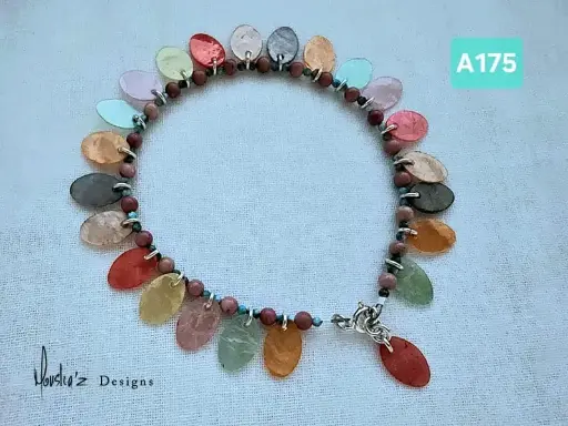 [MDE01558] (A175) Dangly Colorful oval Mother of Pearl, Rhodonite & Blue Apatite anklet. ( NOTE note for customer: Handle with care)