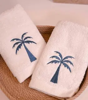 [1703W] Blue Palm Guest Towel Set Of 2
