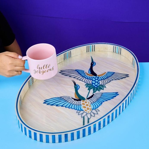 Blue Flying Birds On White Oval Tray